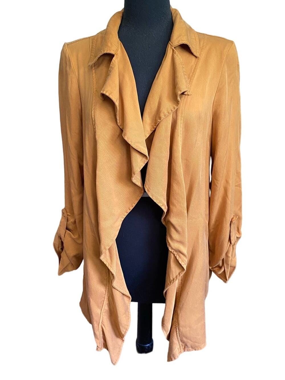 Peck & Peck Fall Yellow Gold Open Waterfall Roll Tab Cardigan Women Size Medium